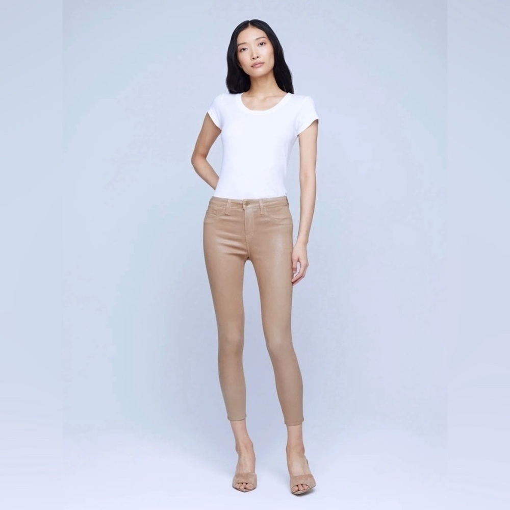 L'Agence Margot High Rise Cappaccino Coated Skinny Jeans.